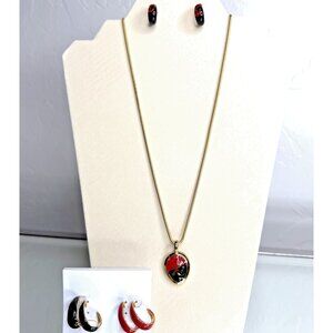 Red Black Enamel Necklace Set Gold Tone 3 Earrings Retro Statement Jewelry Gift